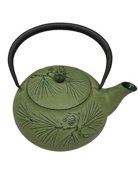Vintage Japanese Green Cast Iron Teapot Tetsubin with Pine Motif 5in